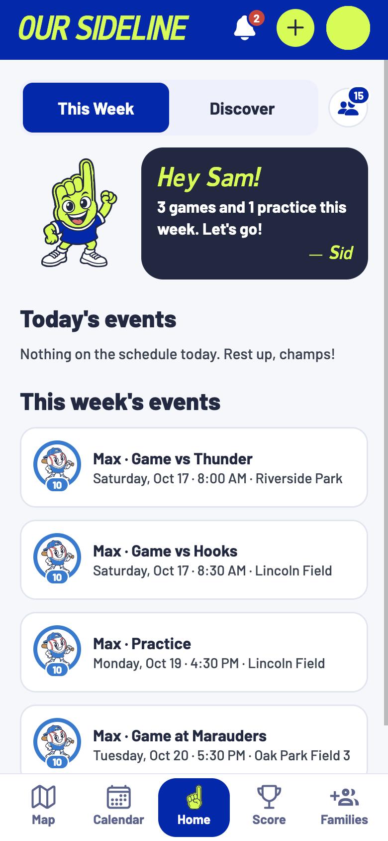 The Our Sideline home screen: this week's games and practices
