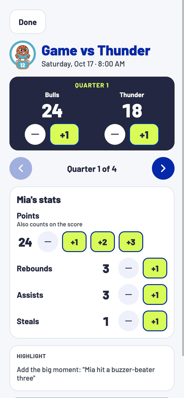 Keeping score at a basketball game: the score by quarter and a player's points, rebounds and assists